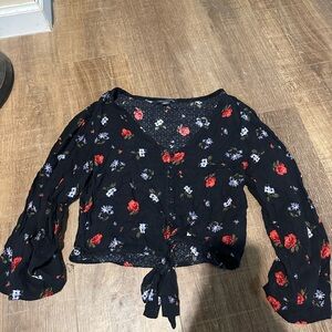 Floral Black Blouse with Tie Front